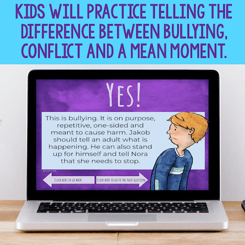 Laptop screen displaying an educational program about distinguishing between bullying, conflict, and a mean moment.