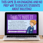 Laptop displaying an educational game about bullying with a purple screen and text.