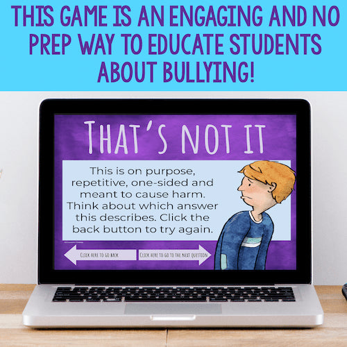 Laptop displaying an educational game about bullying with a purple screen and text.