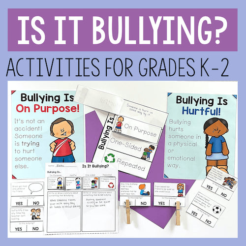 Educational materials on bullying for grades K-2 with text 'Is it Bullying?'