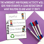 Worksheet and markers on a purple background with text about bullying education.