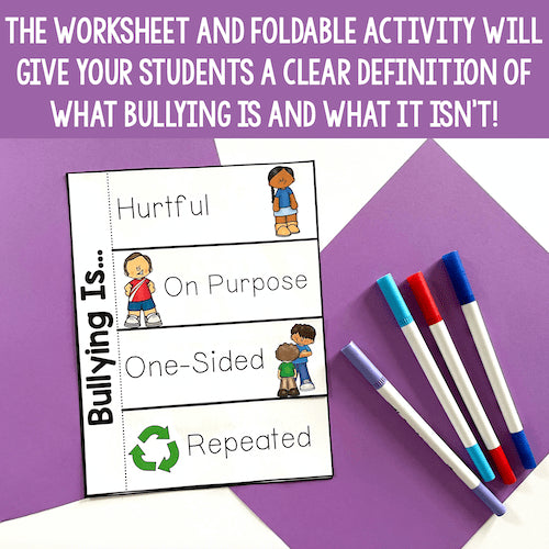 Worksheet and markers on a purple background with text about bullying education.