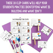 Educational clip cards on a purple background with text about bullying identification.