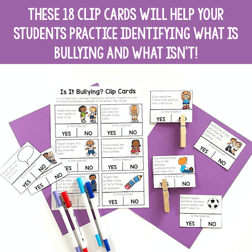 Educational clip cards on a purple background with text about bullying identification.