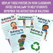 Educational posters about bullying displayed on a white background with text.