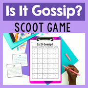 Scoot game for 'Is It Gossip?' with answer grid and cards on a purple background