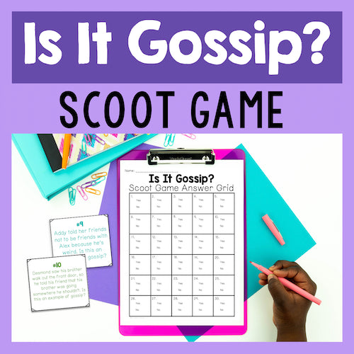 Scoot game for 'Is It Gossip?' with answer grid and cards on a purple background