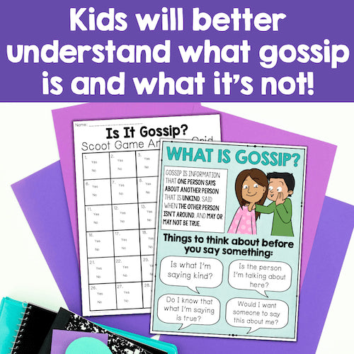 Educational materials on gossip with text and illustrations on a purple background