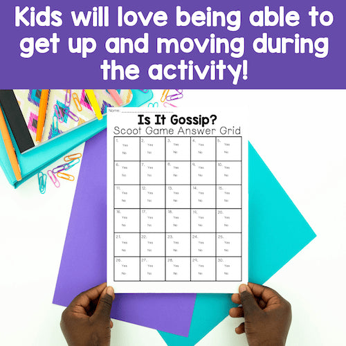 Sheet of paper with a grid titled 'Is It Gossip?' Scoot Game Answer Grid held by hands on a colorful background.