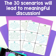Educational material with scenarios for discussion on a purple background