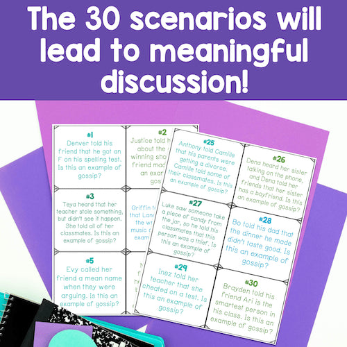 Educational material with scenarios for discussion on a purple background