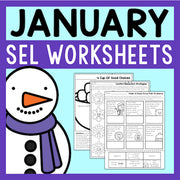 January SEL worksheets with a snowman graphic on a blue and purple background