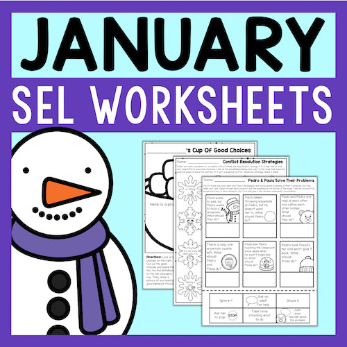 January SEL worksheets with a snowman graphic on a blue and purple background