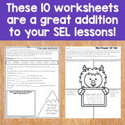 Two worksheets on a wooden surface with text overlay about SEL lessons.