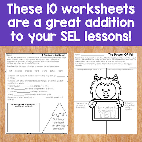 Two worksheets on a wooden surface with text overlay about SEL lessons.