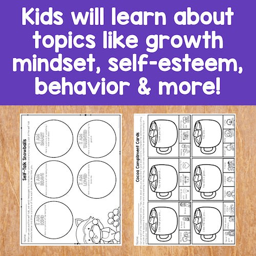 Educational materials for kids on a wooden surface with text about learning topics.