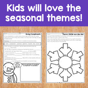 Educational worksheets on a wooden surface with text 'Kids will love the seasonal themes!'.