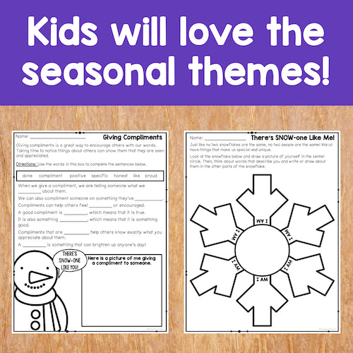 Educational worksheets on a wooden surface with text 'Kids will love the seasonal themes!'.