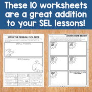 Two worksheets on a wooden surface with text about SEL lessons.