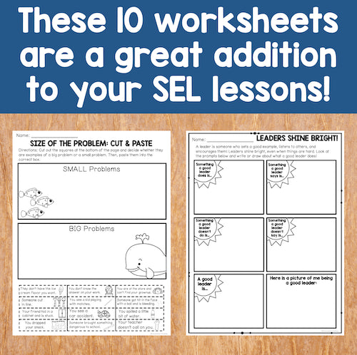 Two worksheets on a wooden surface with text about SEL lessons.
