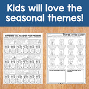 Two educational worksheets on a wooden surface with text 'Kids will love the seasonal themes!'.