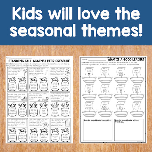 Two educational worksheets on a wooden surface with text 'Kids will love the seasonal themes!'.