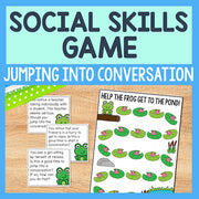 Social skills game for children with frog-themed cards on a wooden surface