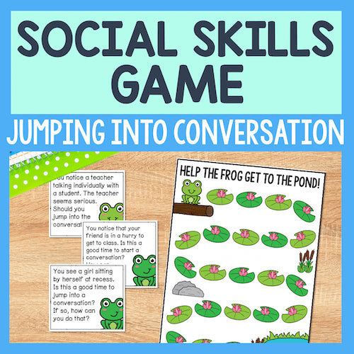 Social skills game for children with frog-themed cards on a wooden surface