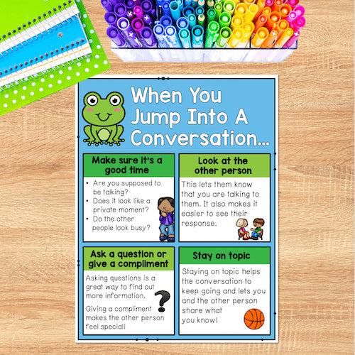 Educational poster on conversation skills with a frog illustration, placed on a wooden surface with stationery items.