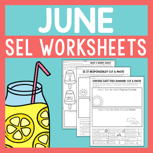 June SEL Worksheets with a lemonade glass illustration on a colorful background