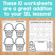 Two worksheets on a wooden surface with text about SEL lessons.