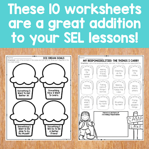 Two worksheets on a wooden surface with text about SEL lessons.