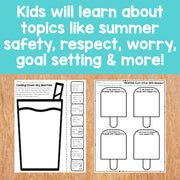 Educational materials for children on a wooden surface with text about learning topics.