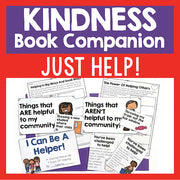 Kindness book companion with educational materials on a red and purple background