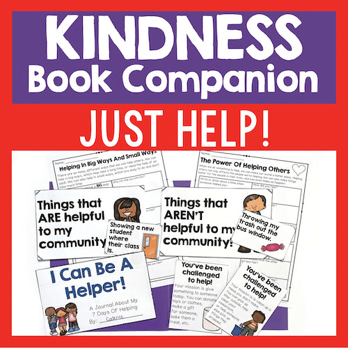 Kindness book companion with educational materials on a red and purple background