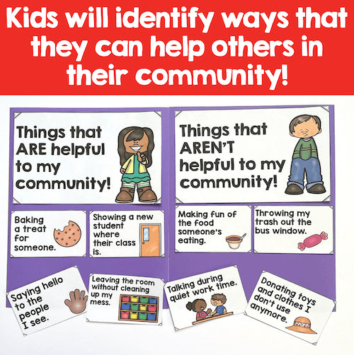 Educational poster for children about community help and behavior