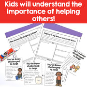 Educational materials on helping others with text and illustrations on a red background