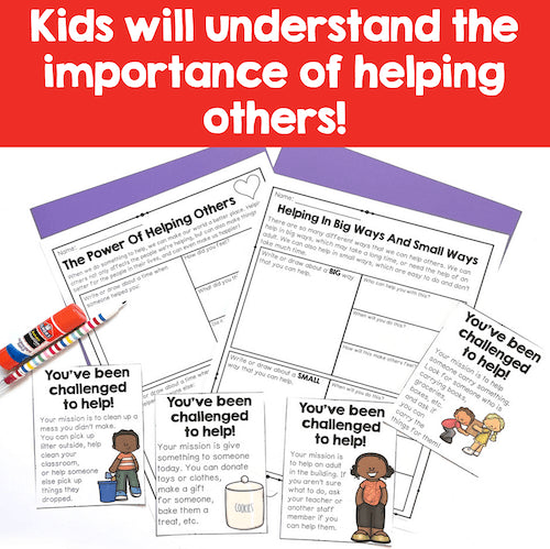 Educational materials on helping others with text and illustrations on a red background