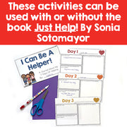 Educational materials with 'I Can Be A Helper!' book and activities on a red background
