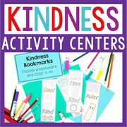 Kindness activity centers with bookmarks and stationery on a purple background