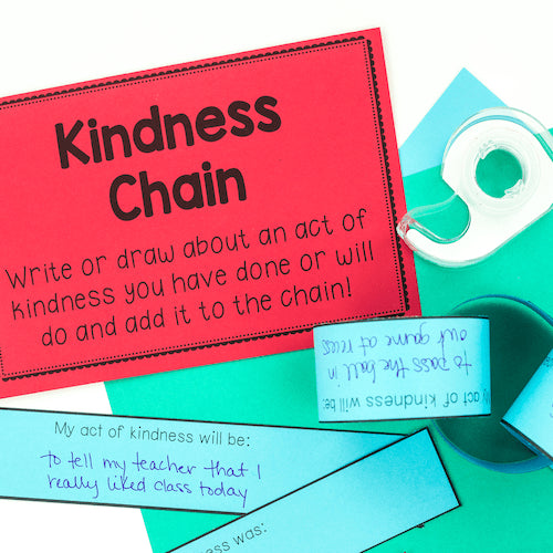 Kindness chain activity with red paper and blue tape on a white background