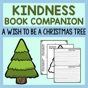 Kindness book companion titled 'A Wish to Be a Christmas Tree' with a tree illustration and worksheets on a light blue background.