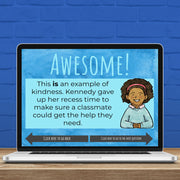 Laptop screen displaying a digital badge about kindness with a blue background.