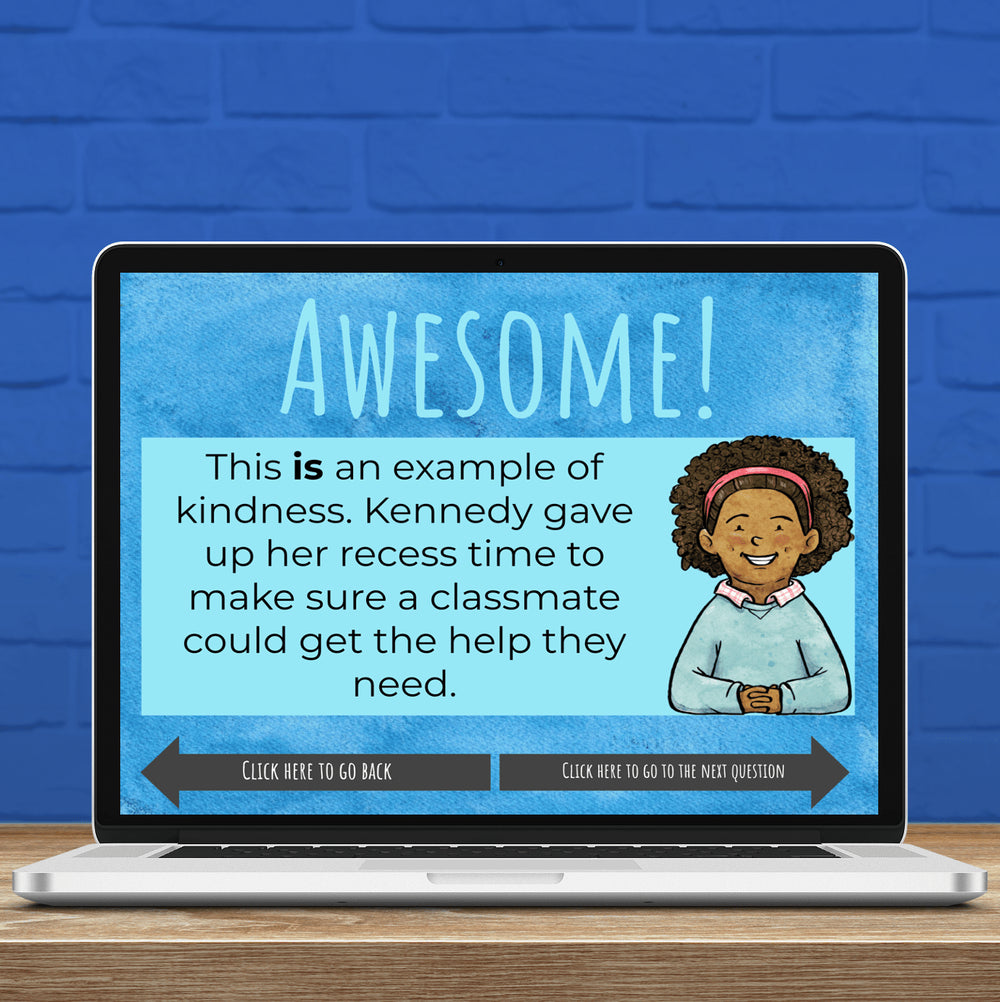 Laptop screen displaying a digital badge about kindness with a blue background.