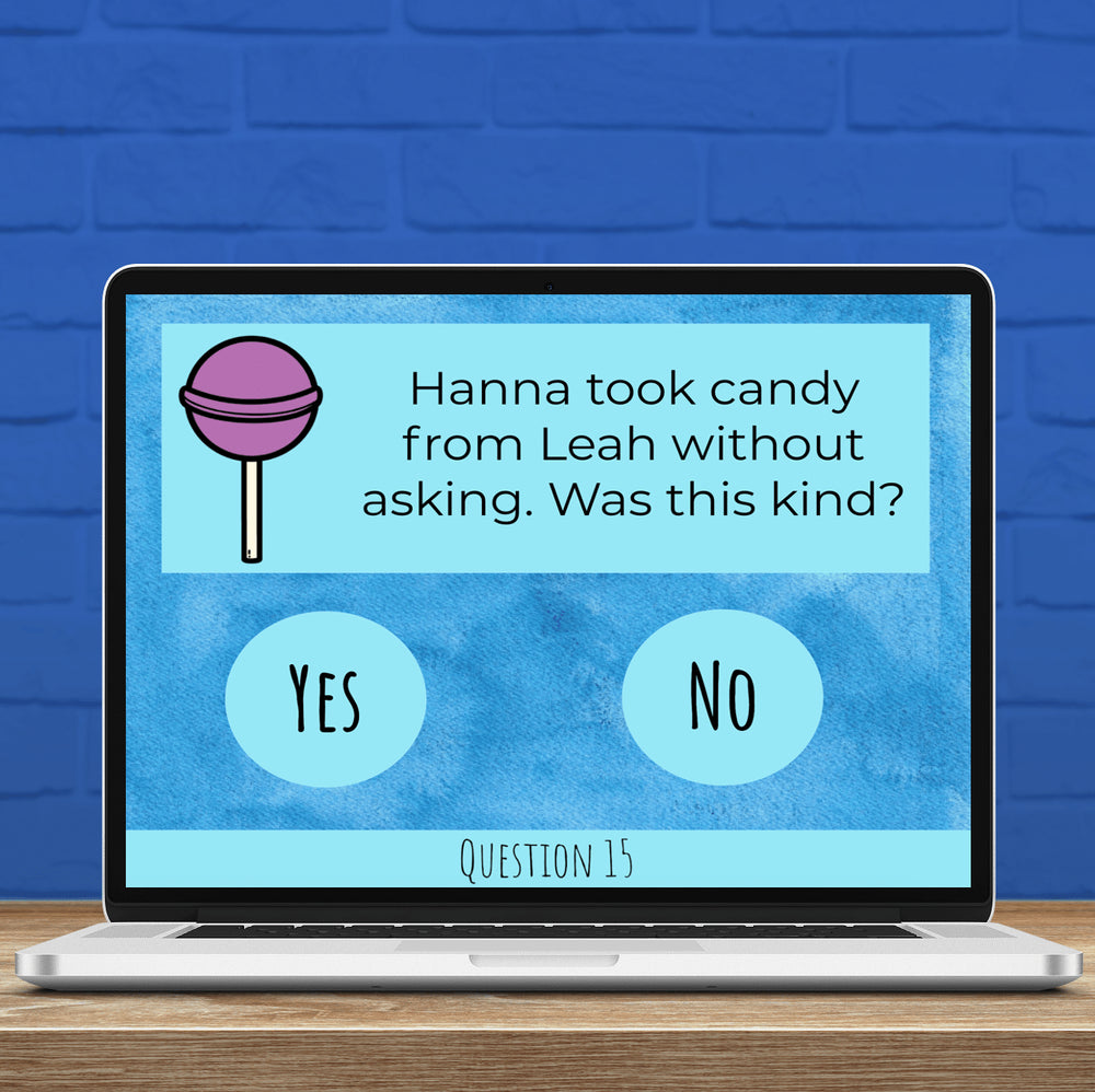 Laptop screen displaying a moral dilemma question with options 'Yes' and 'No' against a blue brick wall background.