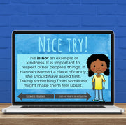 Laptop screen displaying an educational message about respect on a blue background with a brick wall.