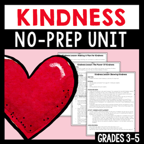 Kindness educational resource with a red heart and lesson plans on a pink background