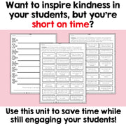 Kindness worksheets on a pink background with text about inspiring kindness in students.