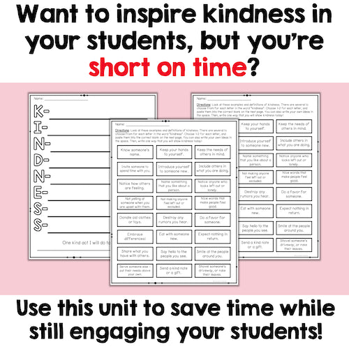Kindness worksheets on a pink background with text about inspiring kindness in students.