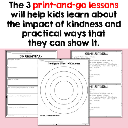 Educational materials on kindness with text and worksheets on a pink background